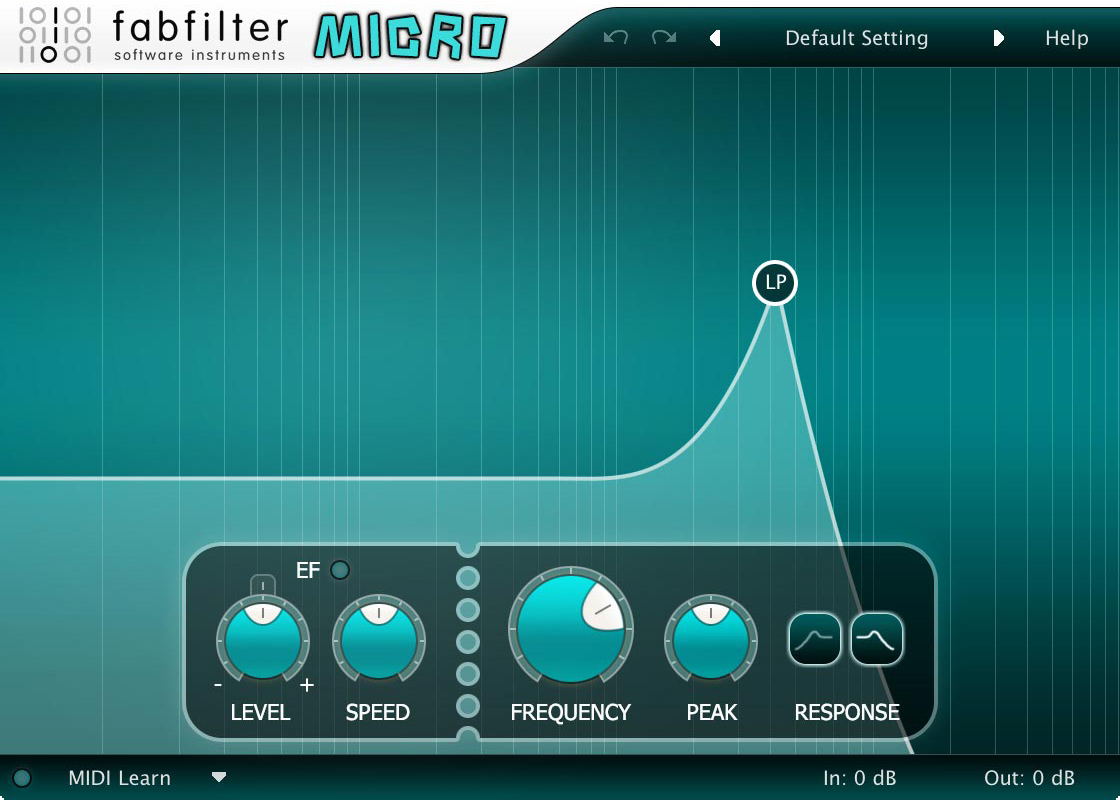 FabFilter Micro is the ultimate lightweight filter plug-in with a single high-quality filter including envelope follower modulation.