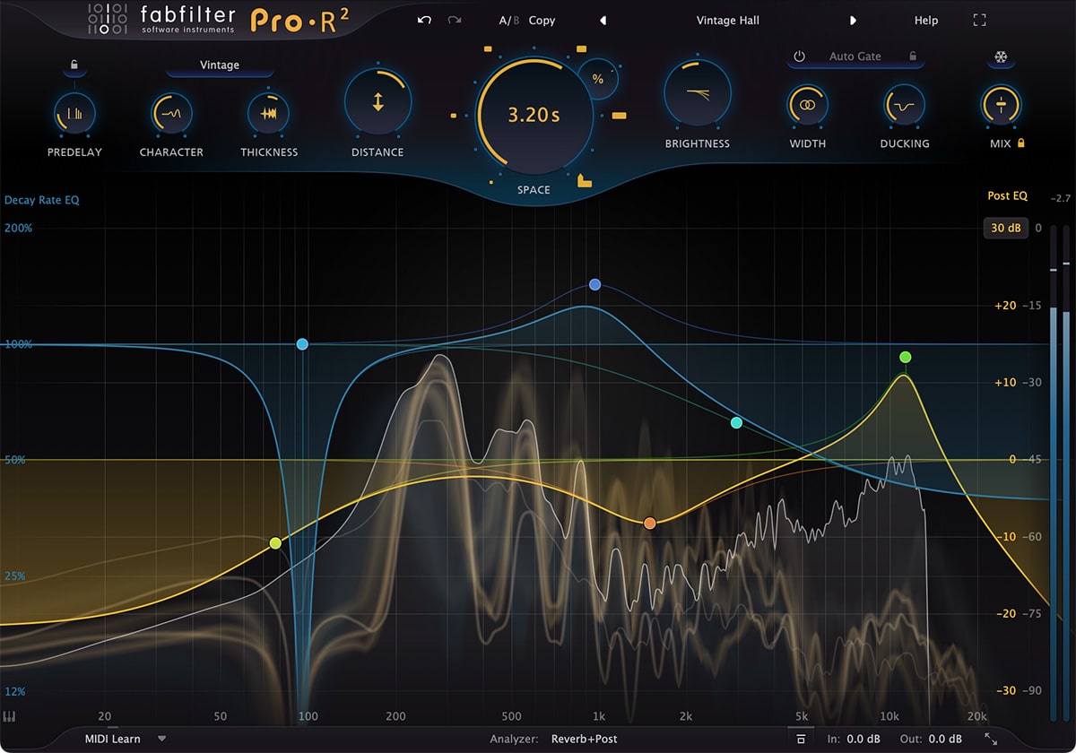 High-end reverb plug-in with both vintage and natural sound, musical controls, and innovations like the unique Decay Rate EQ to shape the reverb's character.